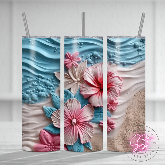 20oz skinny straight sublimated tumbler with a 3d design of florals and the beach