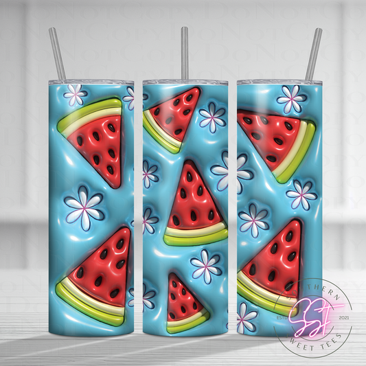 20oz skinny straight sublimated tumbler decorated with a 3d puffy effect in watermelon slices and daisies 