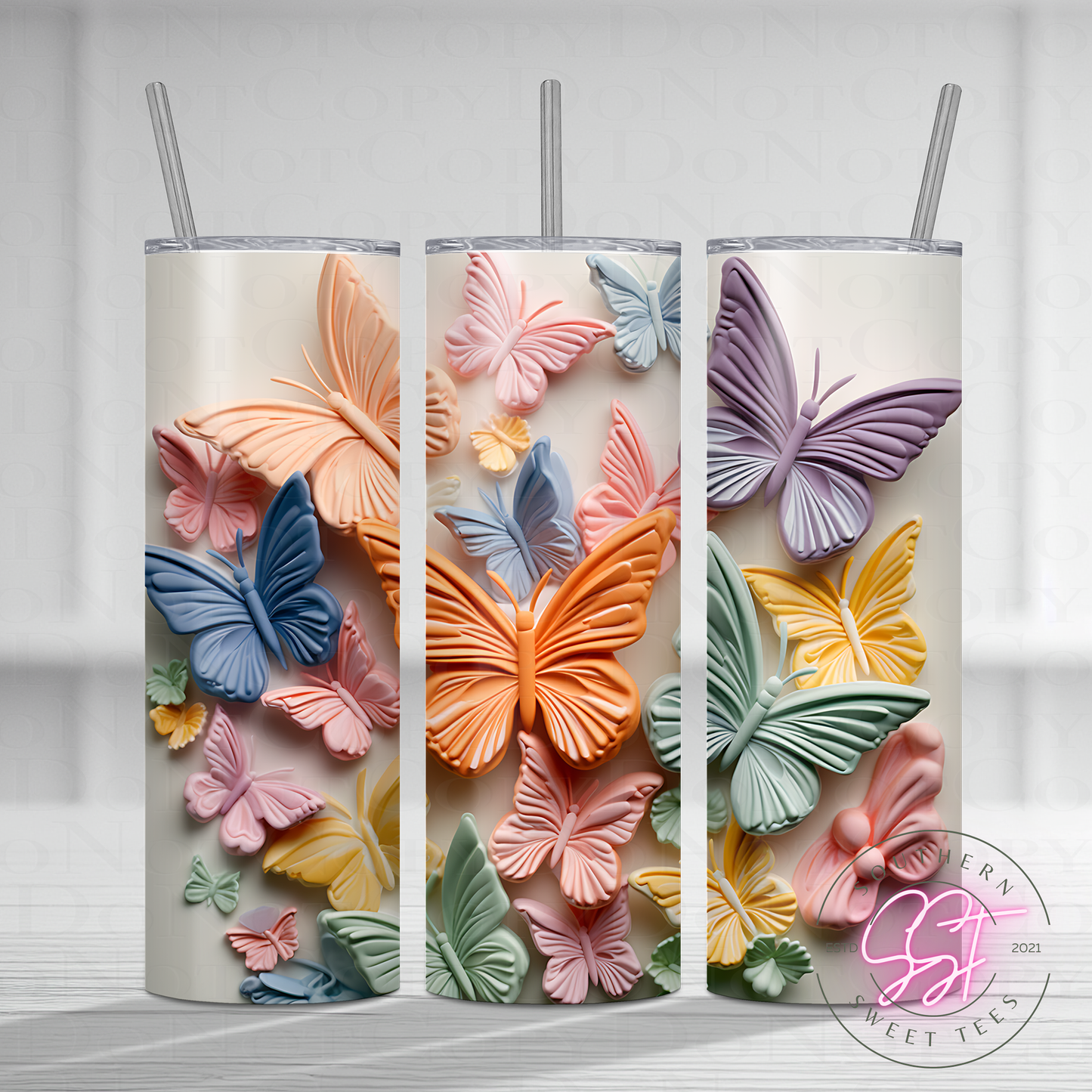 20oz skinny straight sublimated tumbler with a 3d design of florals and butterflies 