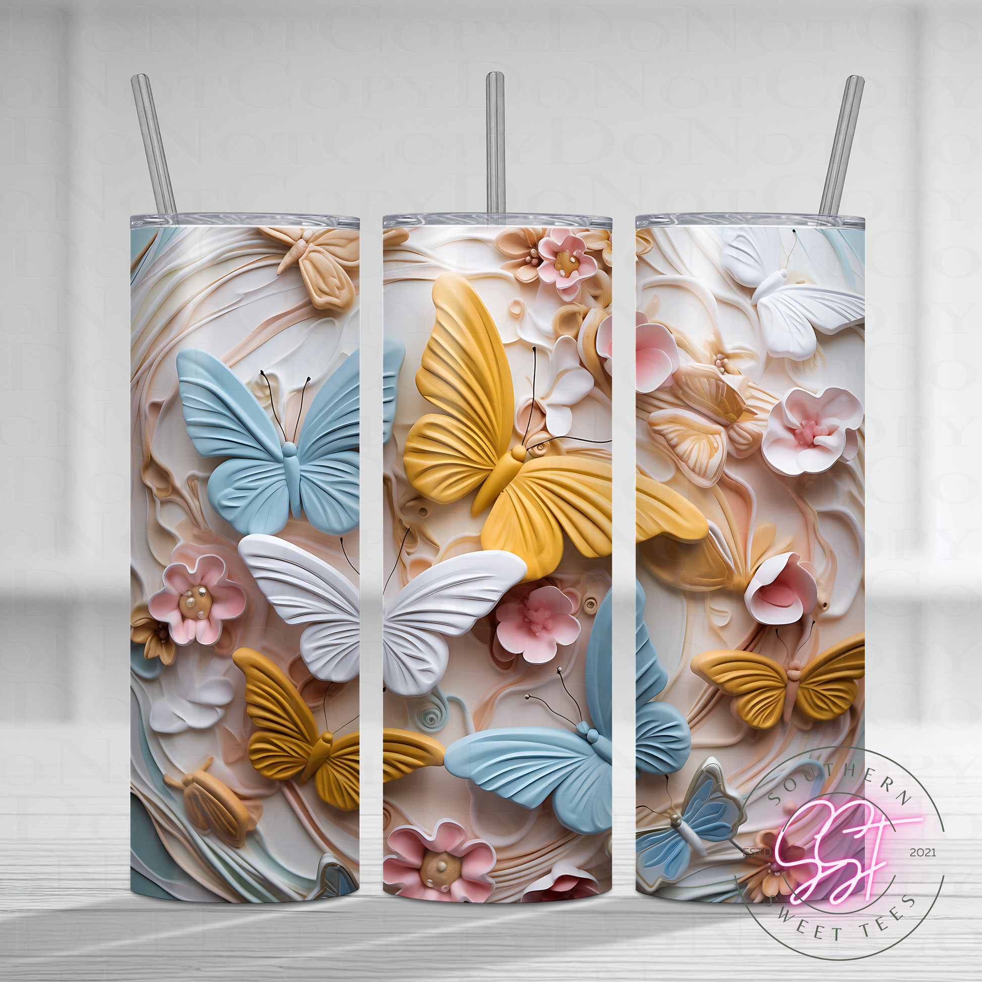 20oz skinny straight sublimated tumbler with a 3d design of florals and butterflies 