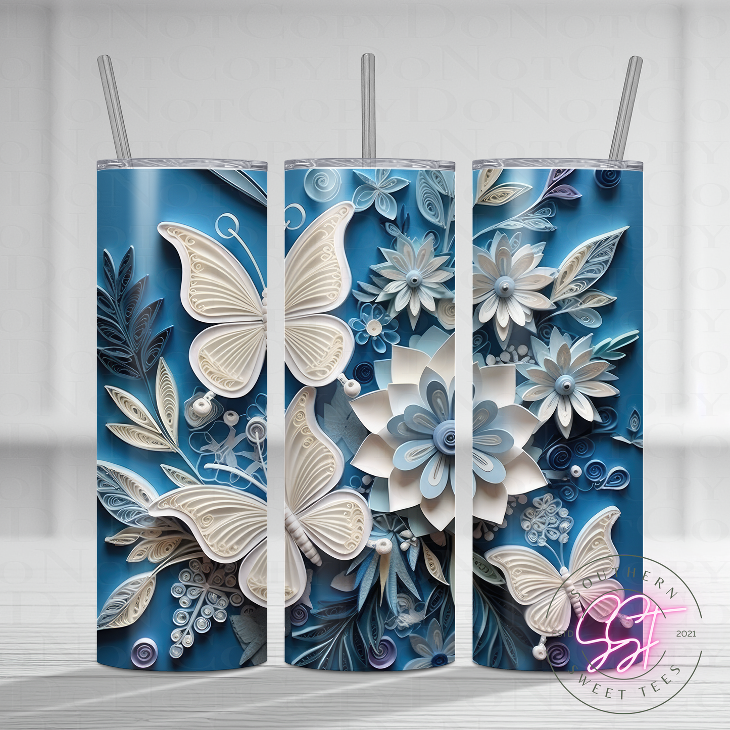 20oz skinny straight sublimated tumbler with a 3d design of florals and butterflies 