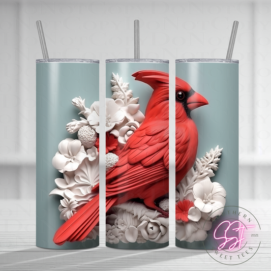 20oz skinny straight sublimated tumbler with a 3D designed image of florals and a Cardinal bird