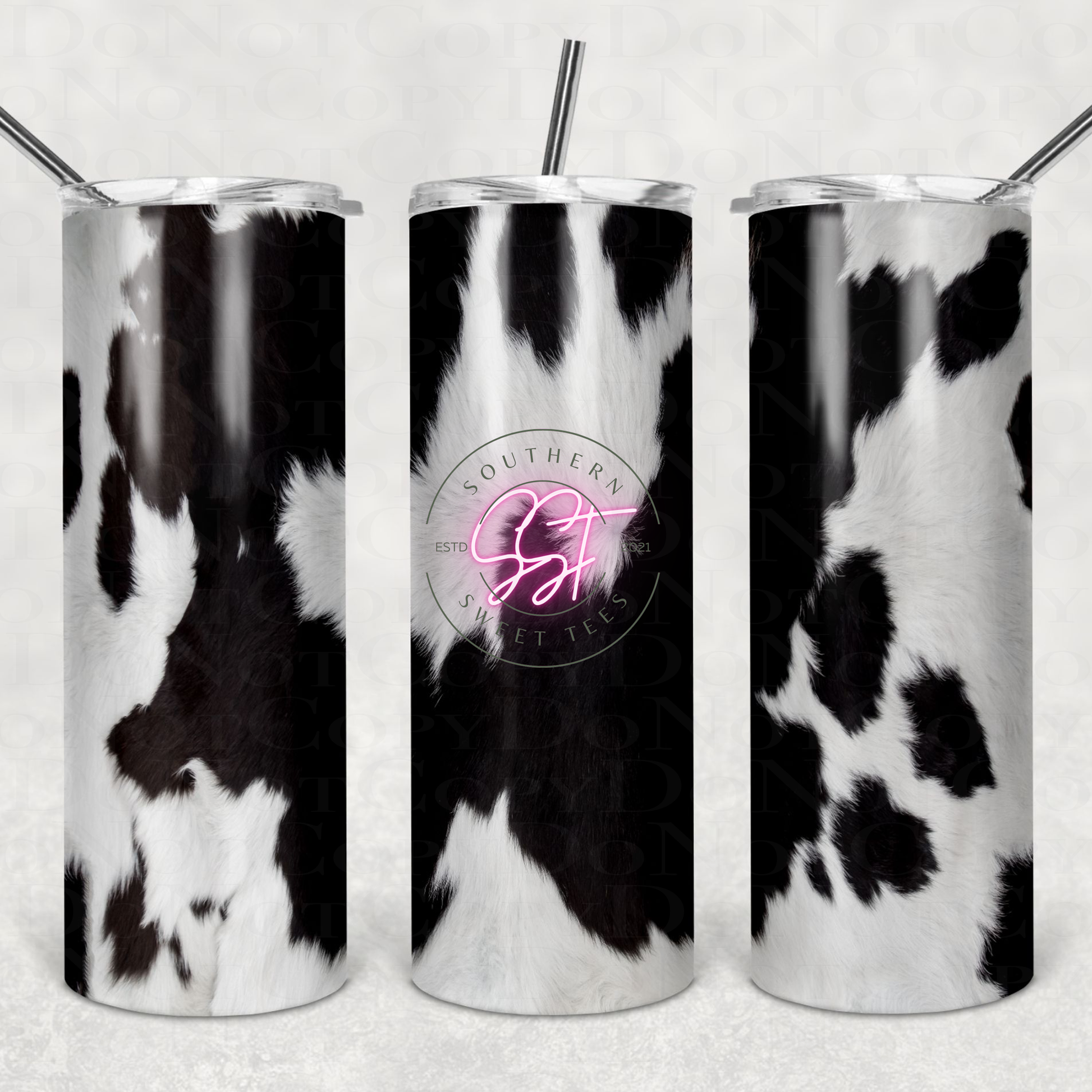 20oz skinny straight sublimation tumbler decorated with cowhide print