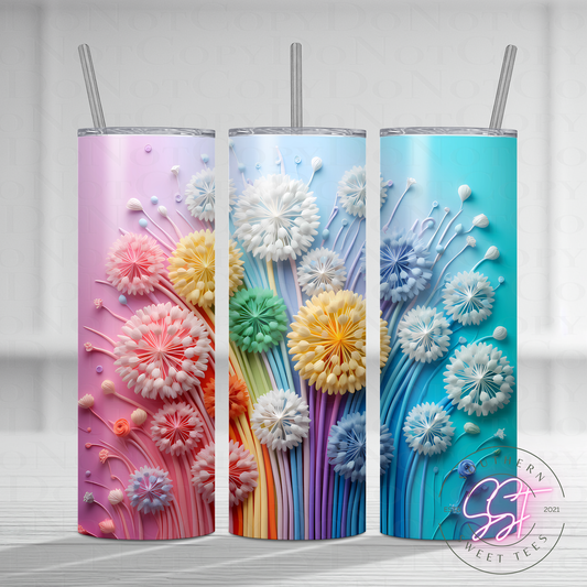 20oz skinny straight sublimated tumbler with a 3d design of rainbow colored dandelions 