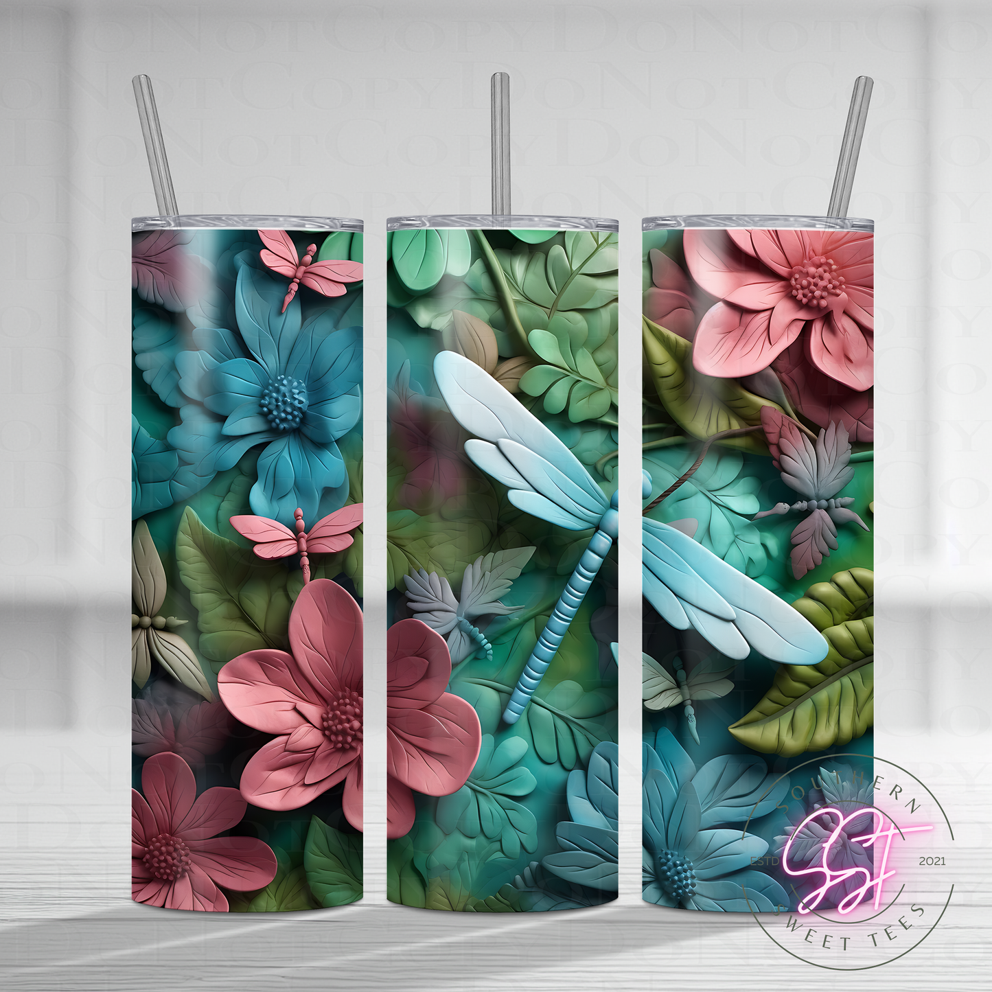 20oz skinny straight sublimated tumbler with a 3d design of florals and dragonflies