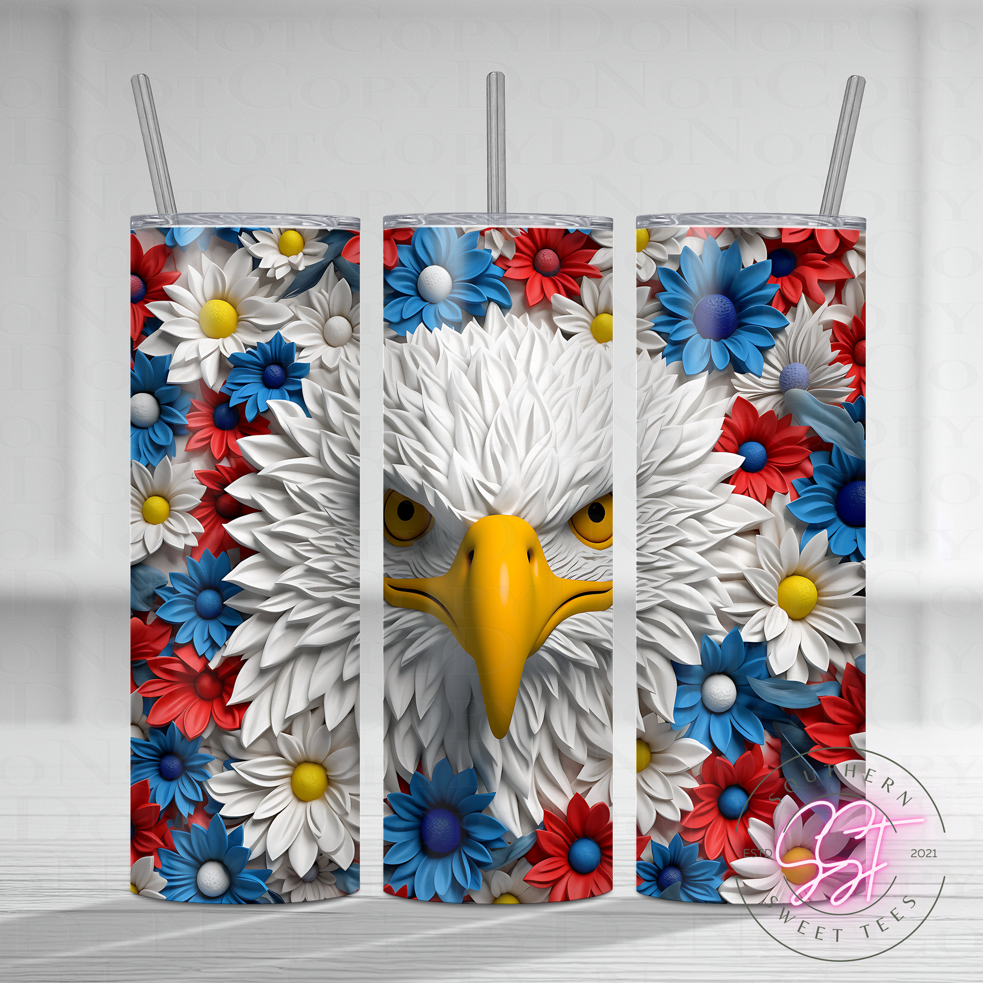 20oz skinny straight sublimated tumbler with a 3d design of red white and blue florals and eagle head