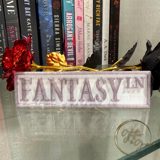 3d printed street sign saying fantasy lane for book shelves or home decor