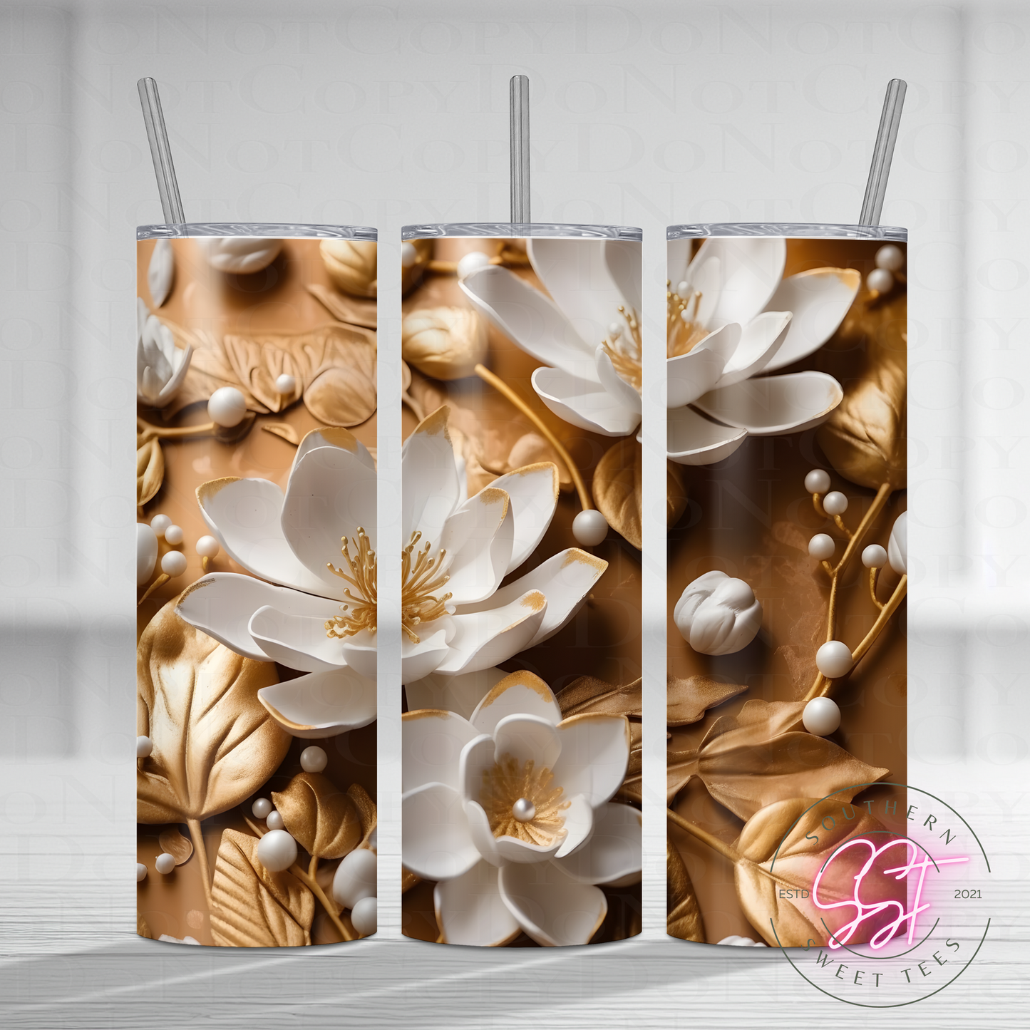 20oz skinny straight sublimated tumbler with a 3d design of florals