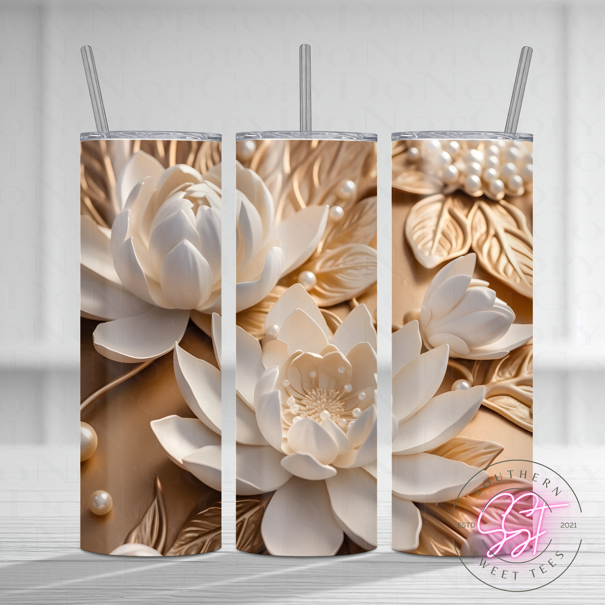 20oz skinny straight sublimated tumbler with a 3d design of florals