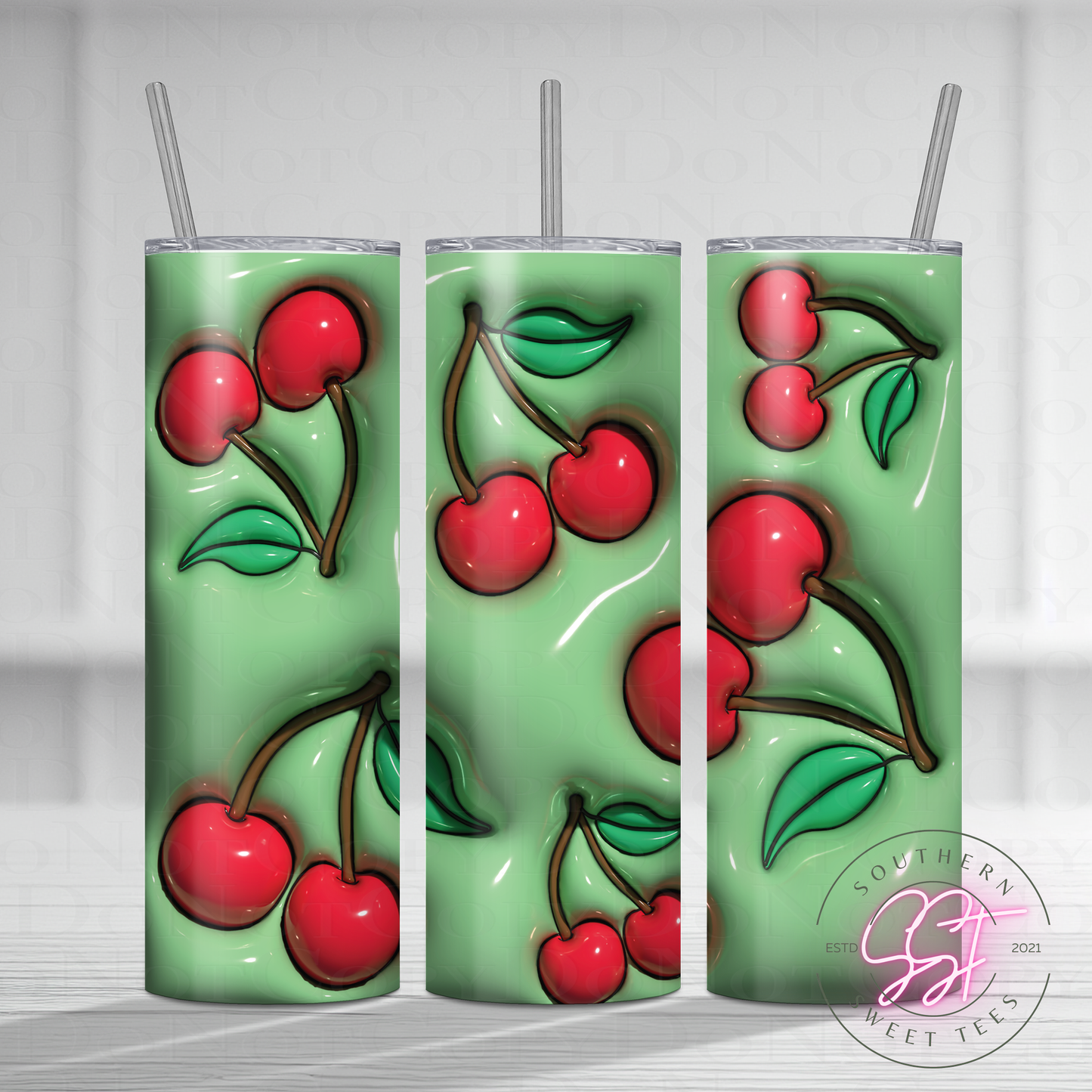 20oz Skinny straight sublimated tumbler with a 3d puff effect decorated with cherries