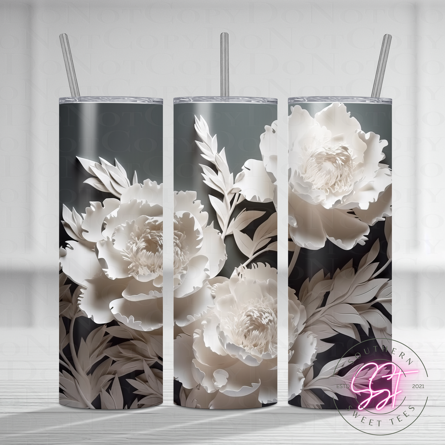 20oz skinny straight sublimated tumbler with a 3d design of florals