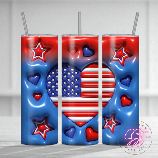 20oz skinny straight sublimated tumbler with a 3d puffy effect designed with an american flag in the shape of a heart with red white and blue hearts and stars