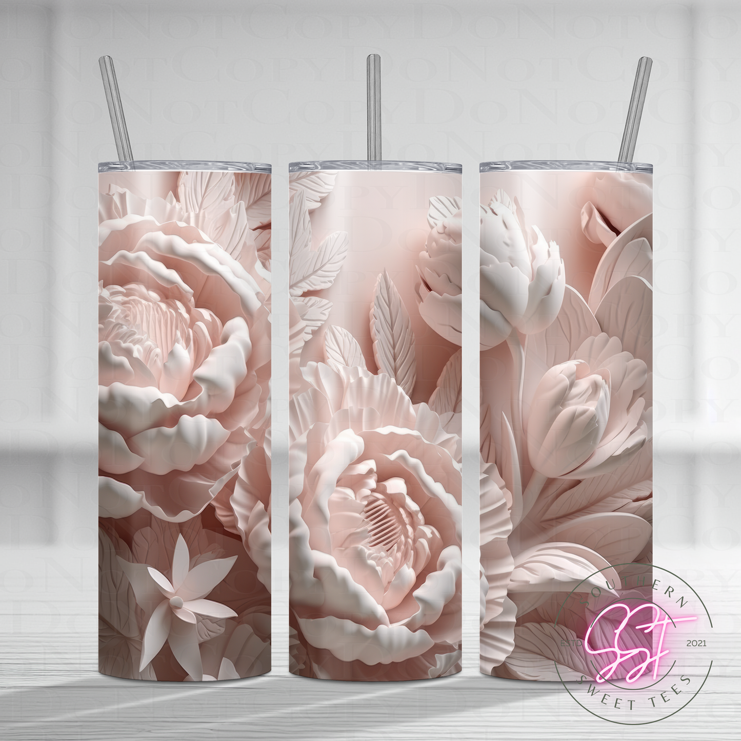 20oz skinny straight sublimated tumbler with a 3d design of florals