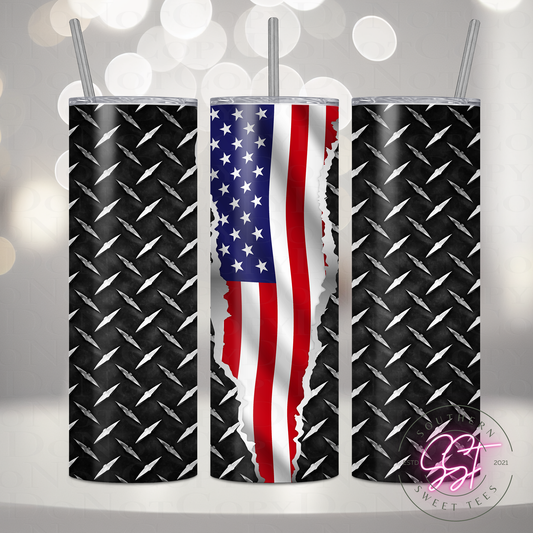 20oz skinny straight sublimated tumbler designed with a metal look ripped into an American flag