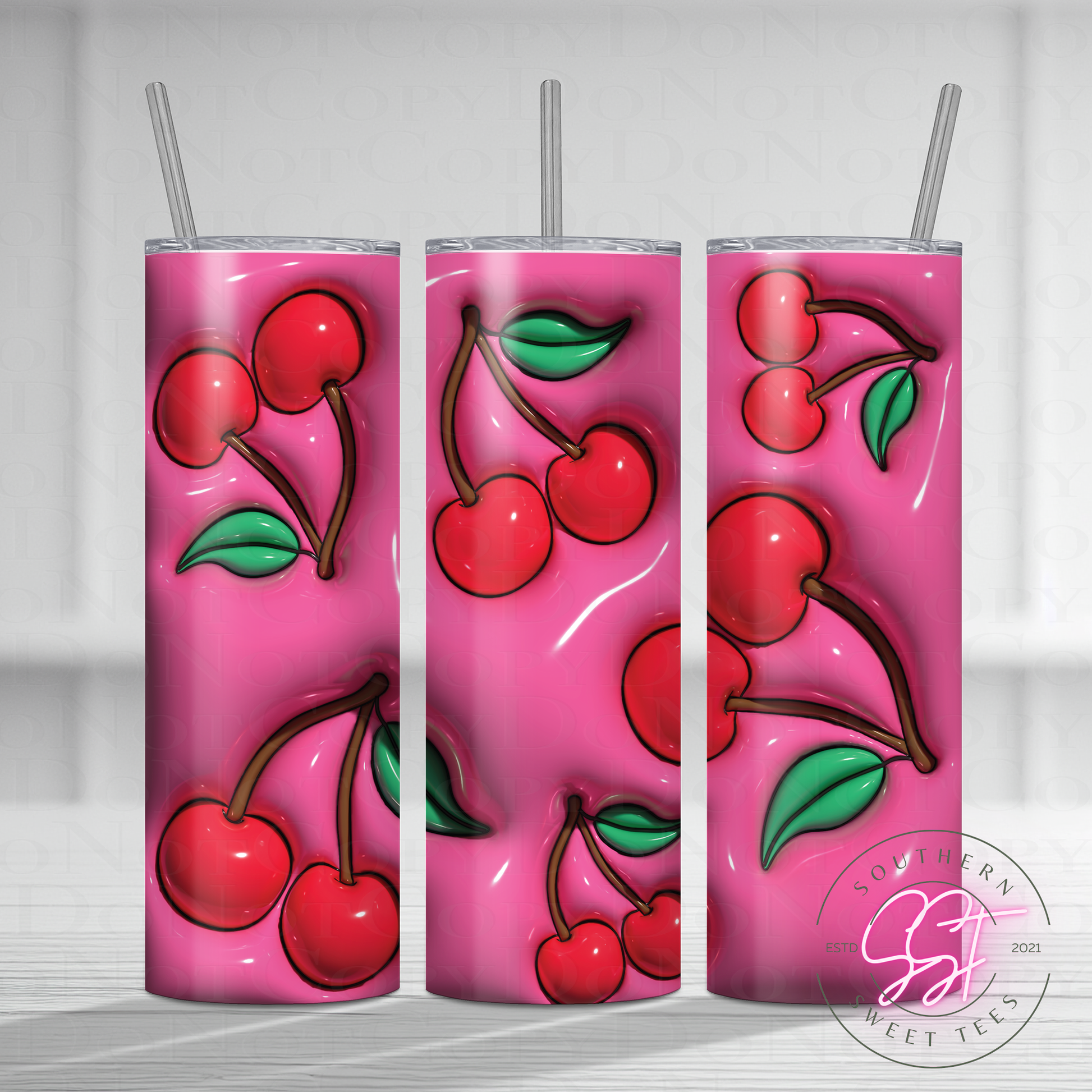 20oz Skinny straight sublimated tumbler with a 3d puff effect decorated with cherries