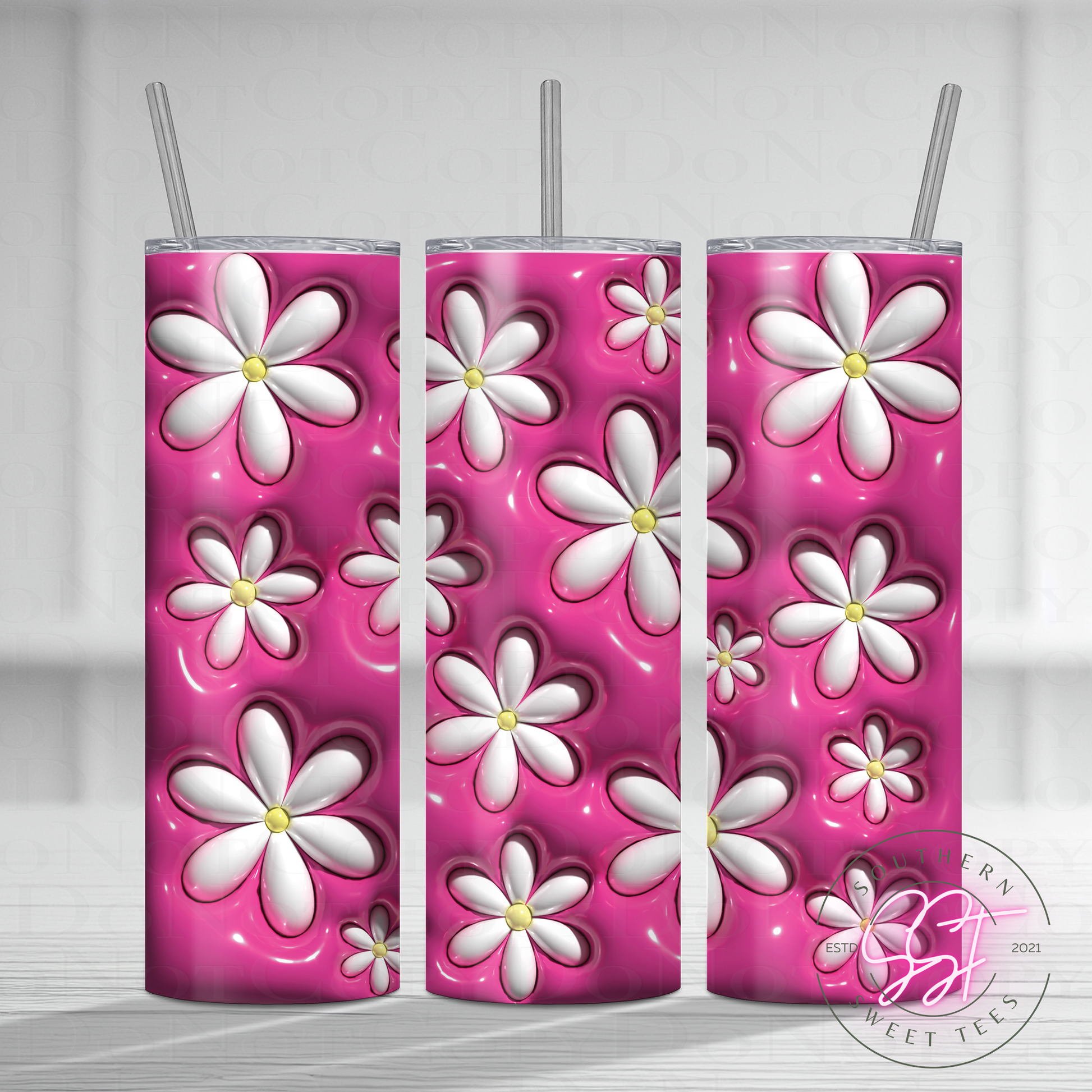 20oz skinny straight sublimated tumbler with a 3d puffy effect decorated in daisies