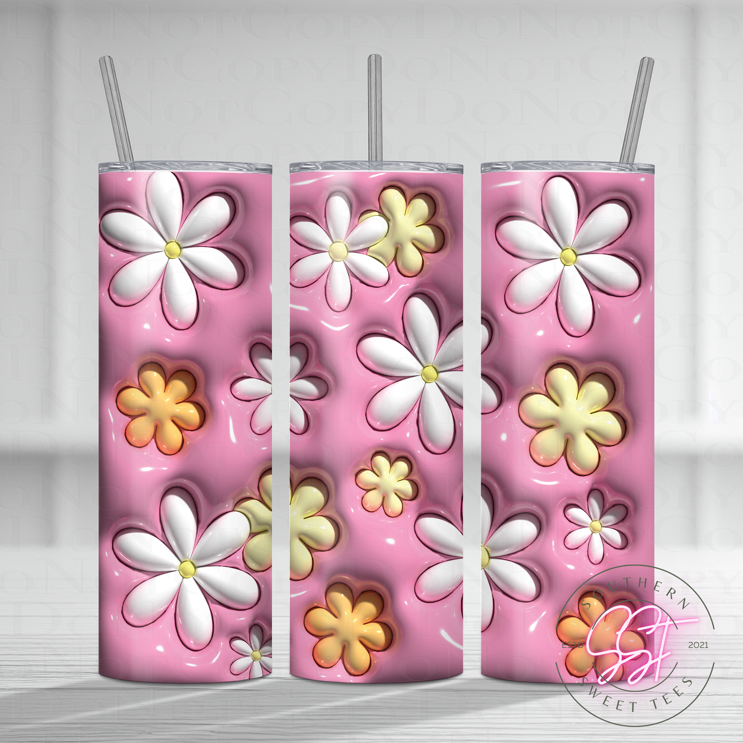 20oz skinny straight sublimated tumbler with a 3d puffy effect decorated in daisies