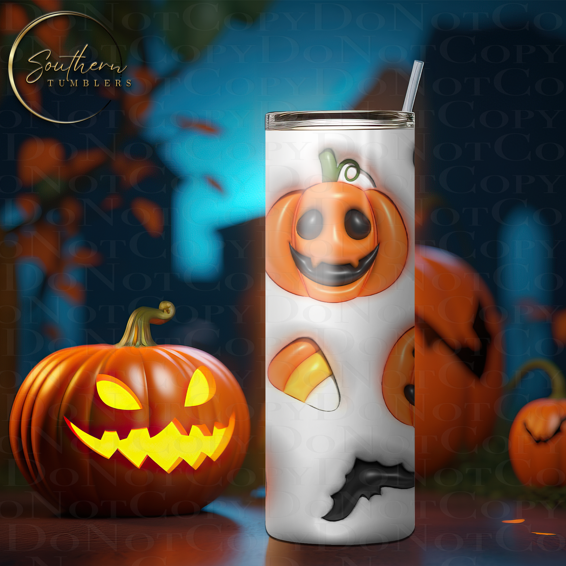 20oz skinny straight sublimated tumbler decorated with bats, pumpkins and candy with a 3d puff effect