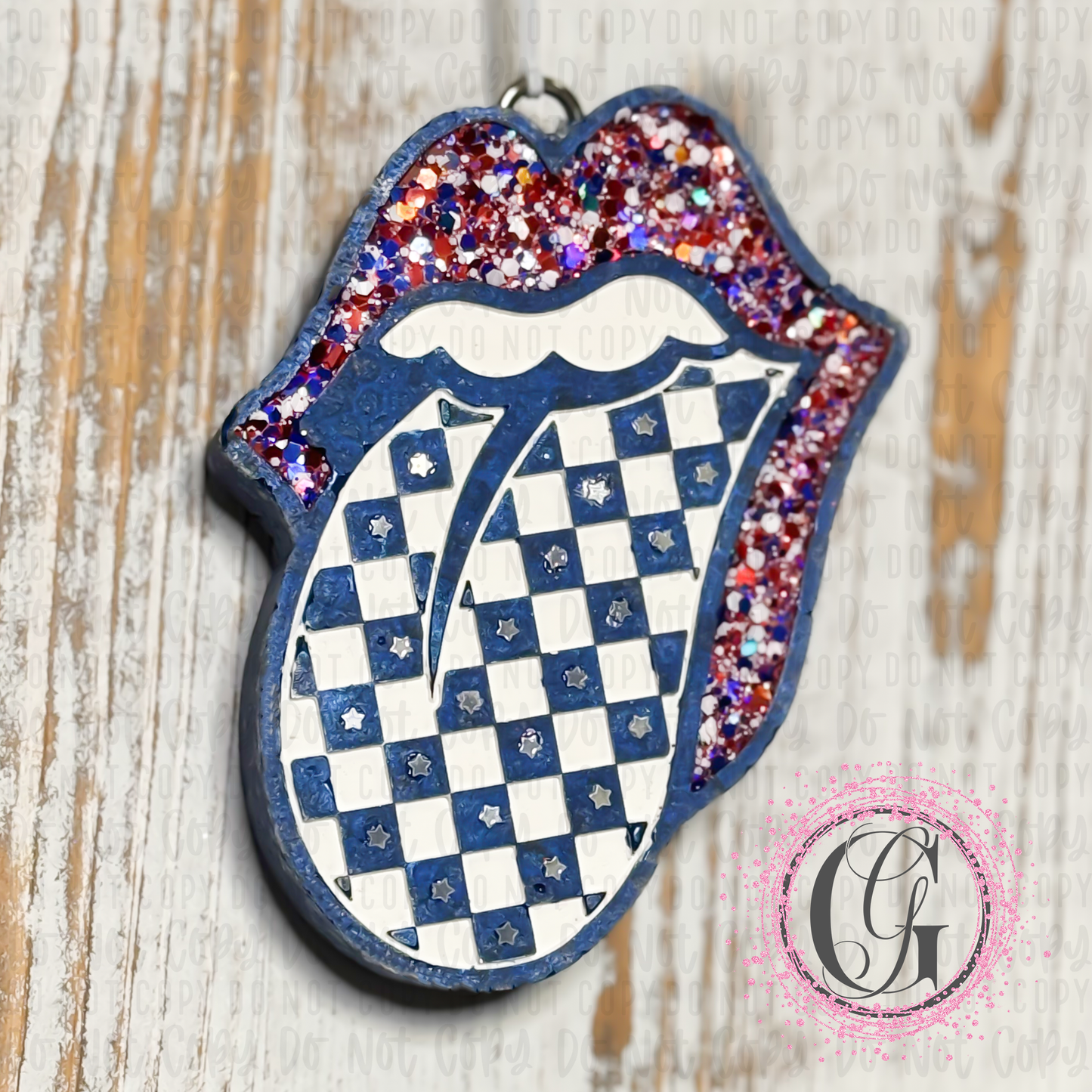 red white and blue decorated rocker lips vehicle air freshener with glow in the dark stars