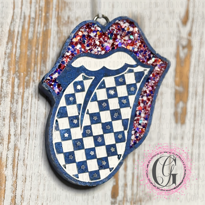 red white and blue decorated rocker lips vehicle air freshener with glow in the dark stars