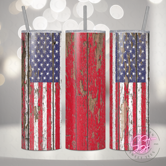 20oz skinny straight sublimated tumbler designed with a rustic feel and an American Flag