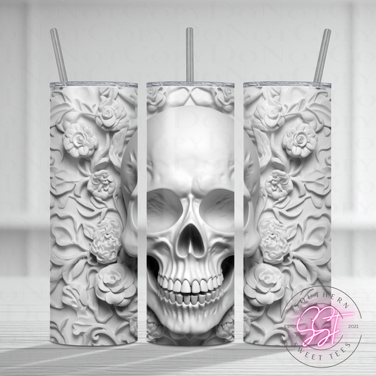 20oz skinny straight sublimated tumbler with a 3d design of a skull surrounded by florals