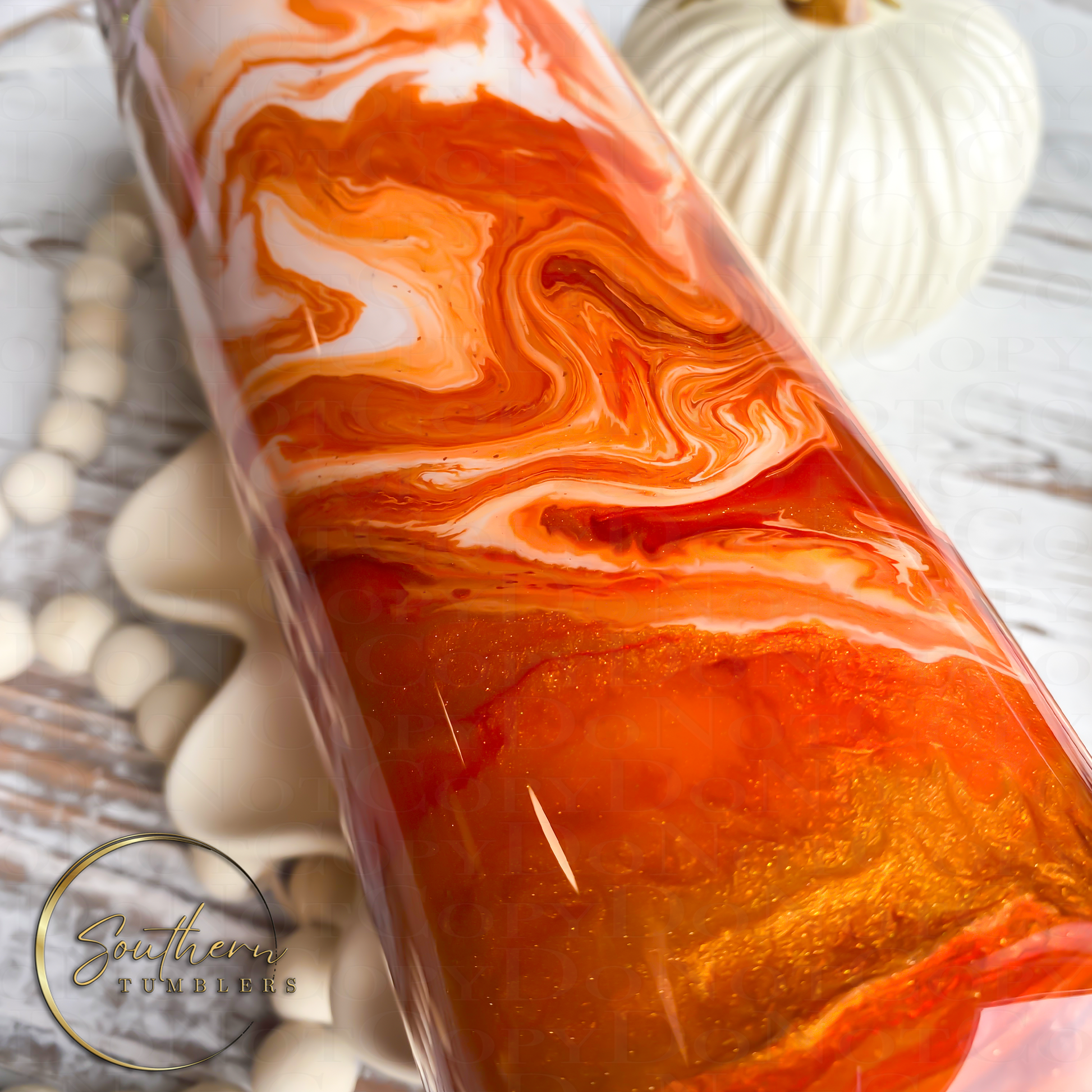 20oz skinny straight tumbler decorated with fall colored glitter, decal saying tis the season for pumpkin spice lattes and topped with a whipped cream drip effect