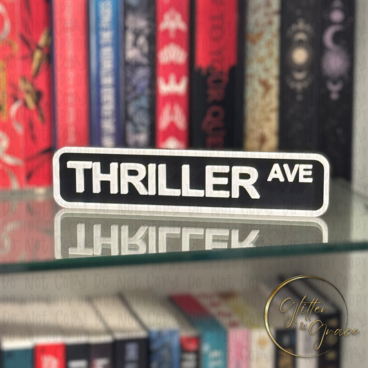 3d printed small street sign for book shelves saying thriller ave