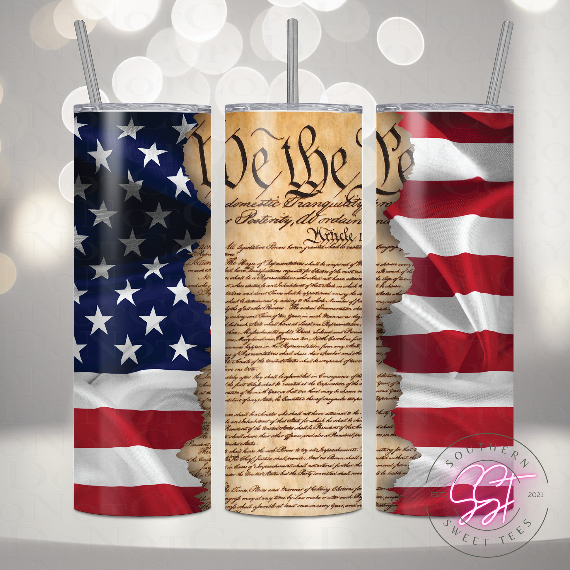 20oz sublimated skinny straight tumbler designed with We The People article ripped into the American flag