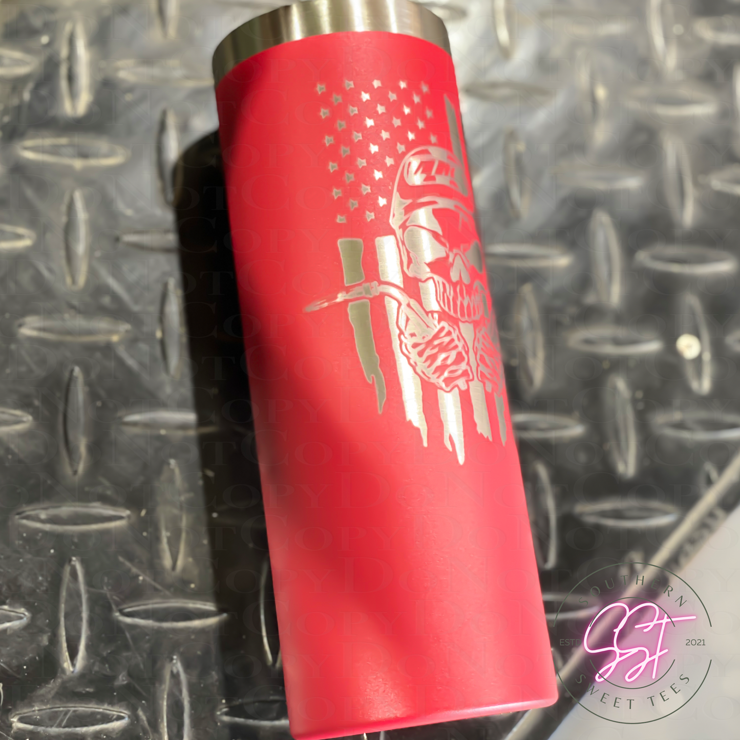 20oz skinny straight powder coated tumbler laser engraved with the image of a skeleton welder