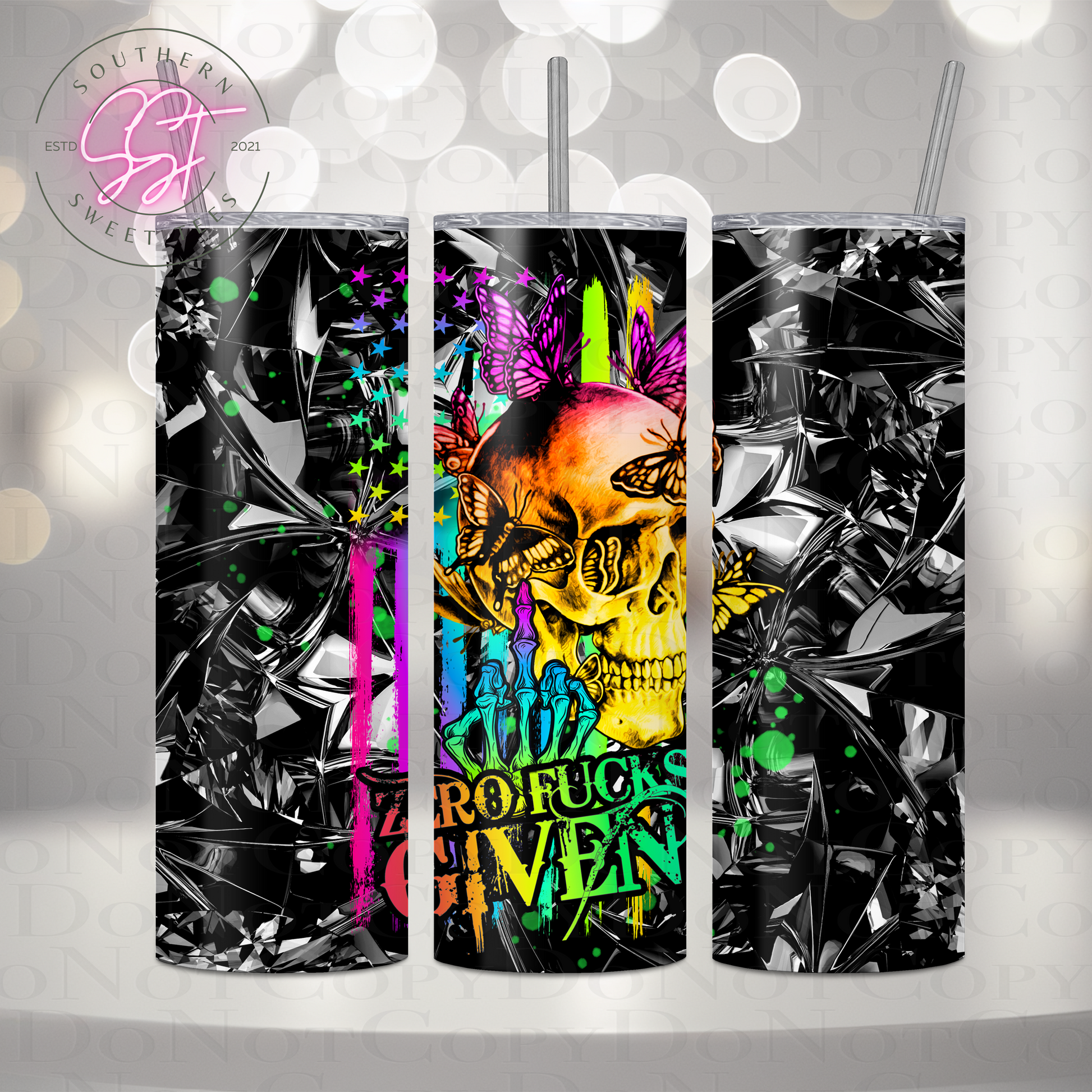 20oz sublimation tumbler decorated in neon butterflies and stars saying zero fucks given with the image of a skeleton holding up the middle finger