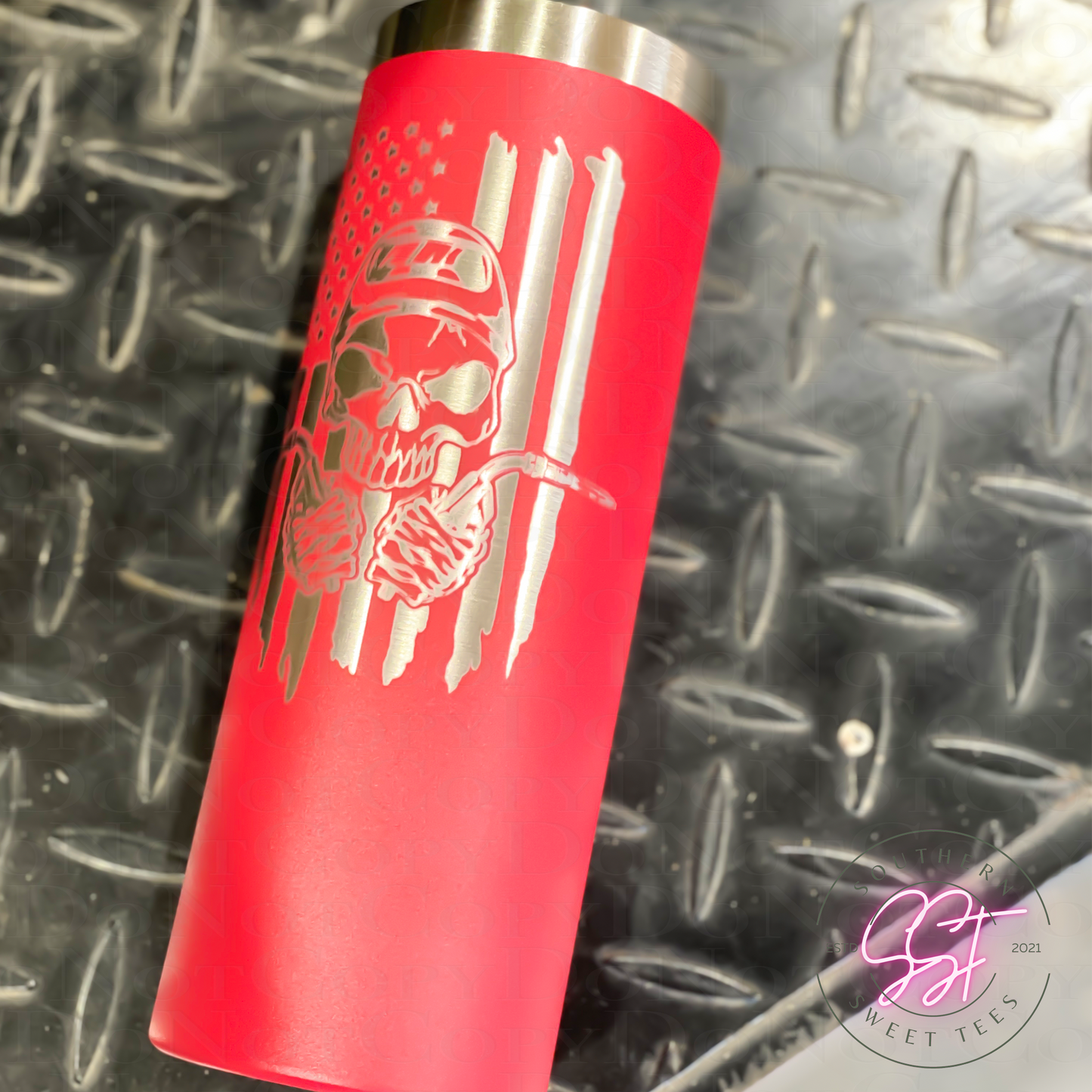 20oz skinny straight powder coated tumbler laser engraved with the image of a skeleton welder