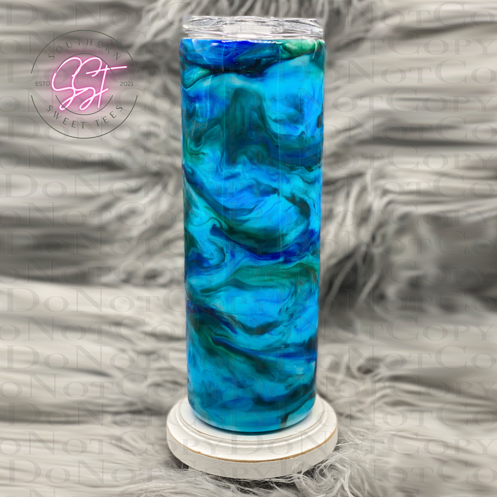 Blue Swirled alcohol ink and mica powder glitter 20oz skinny tumbler