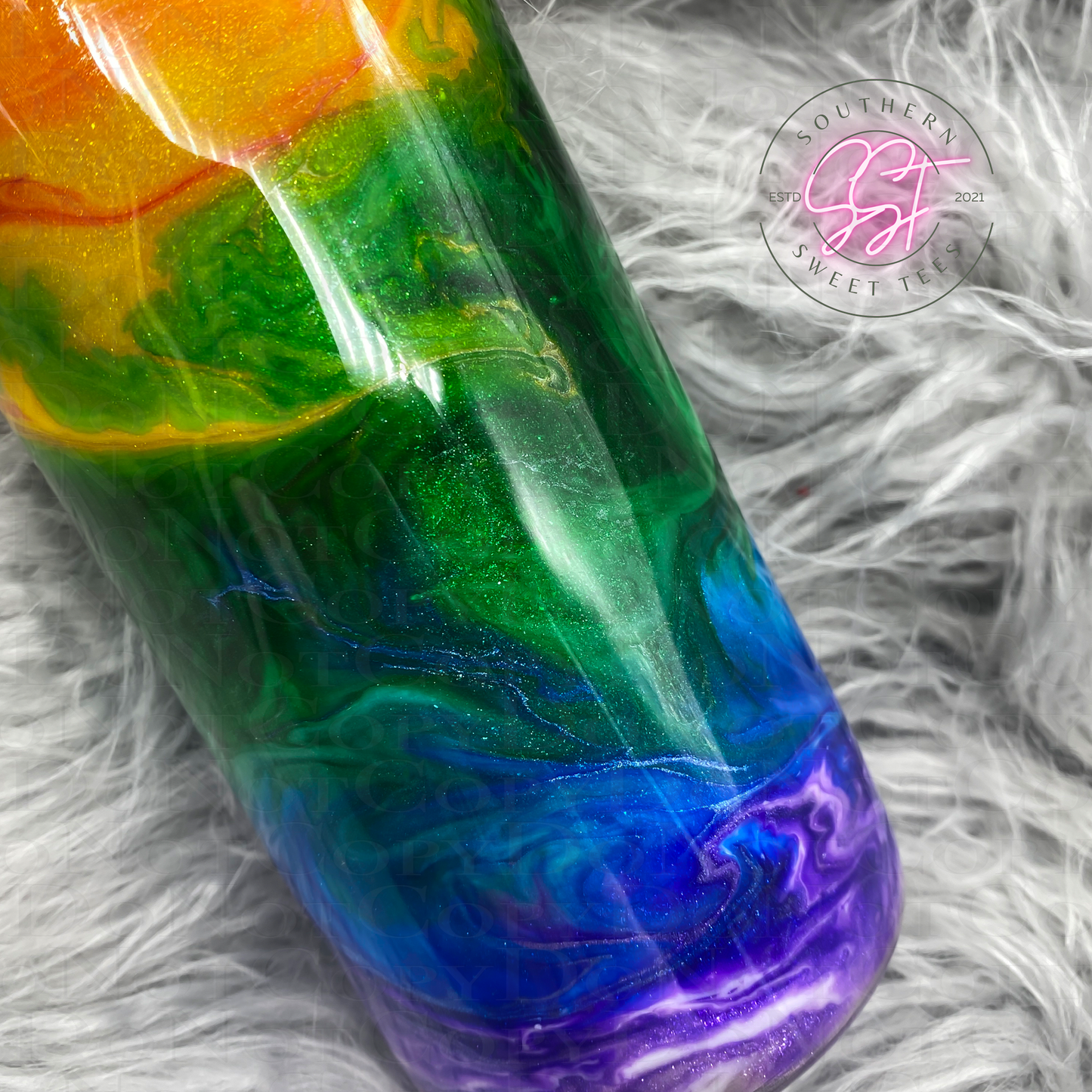 Rainbow alcohol ink swirled 20oz skinny tumbler