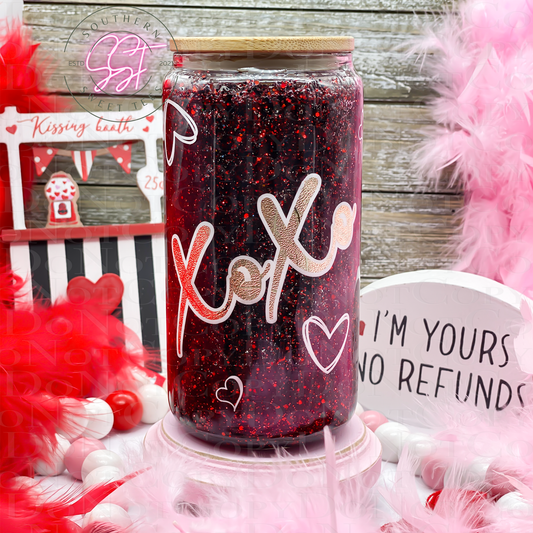 Red and Black sparkling glitter 12oz snow globe tumbler decorated with cute hearts and XOXO