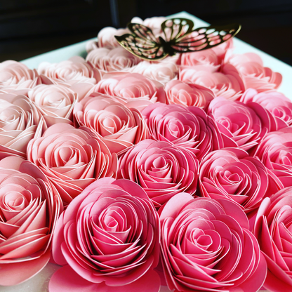 9x9 pink ombre personalized hand rolled paper flowers in the shape of a heart shadowbox. Perfect gift for special someones