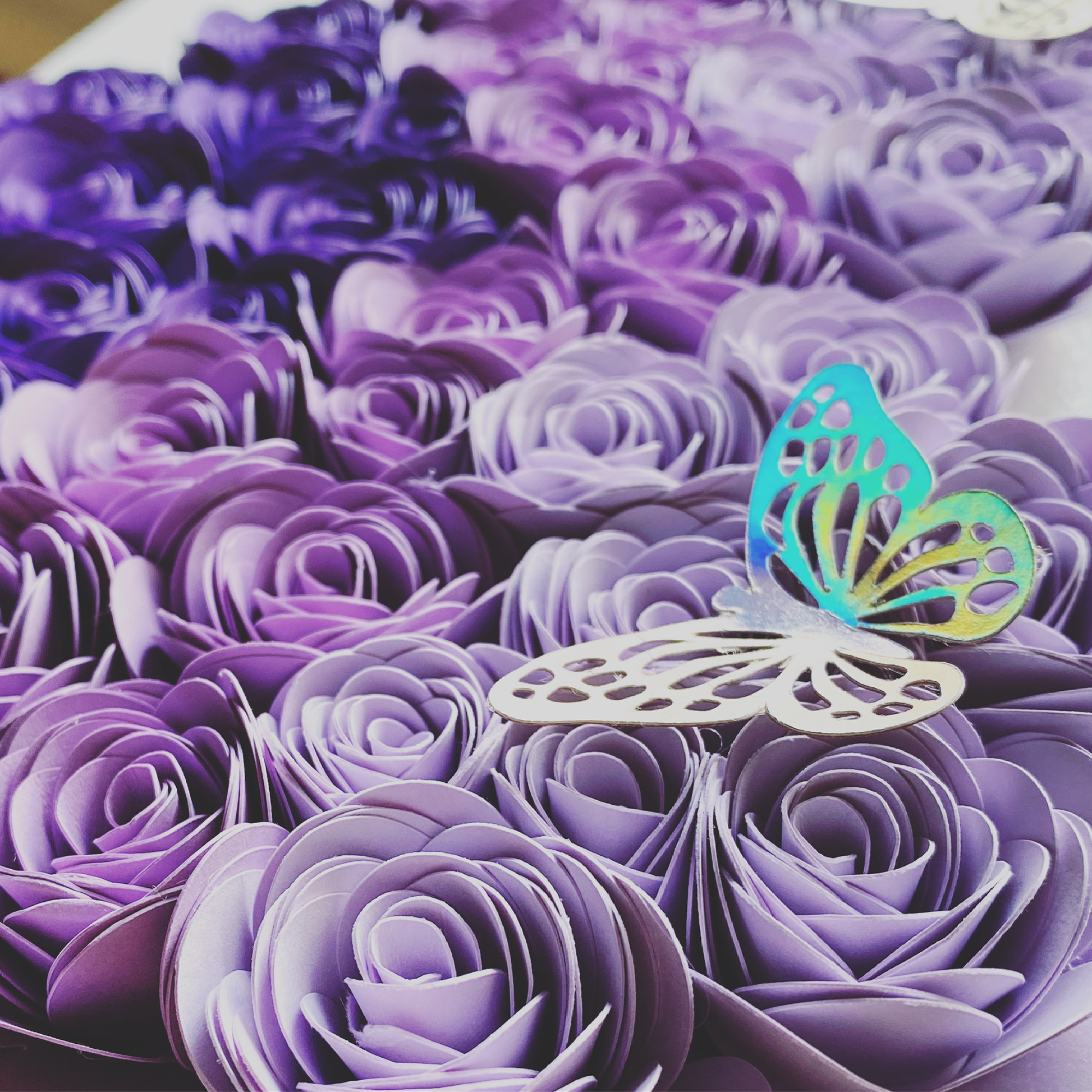 9x9 purple ombre personalized hand rolled paper flowers in the shape of a heart shadowbox. Perfect gift for special someones