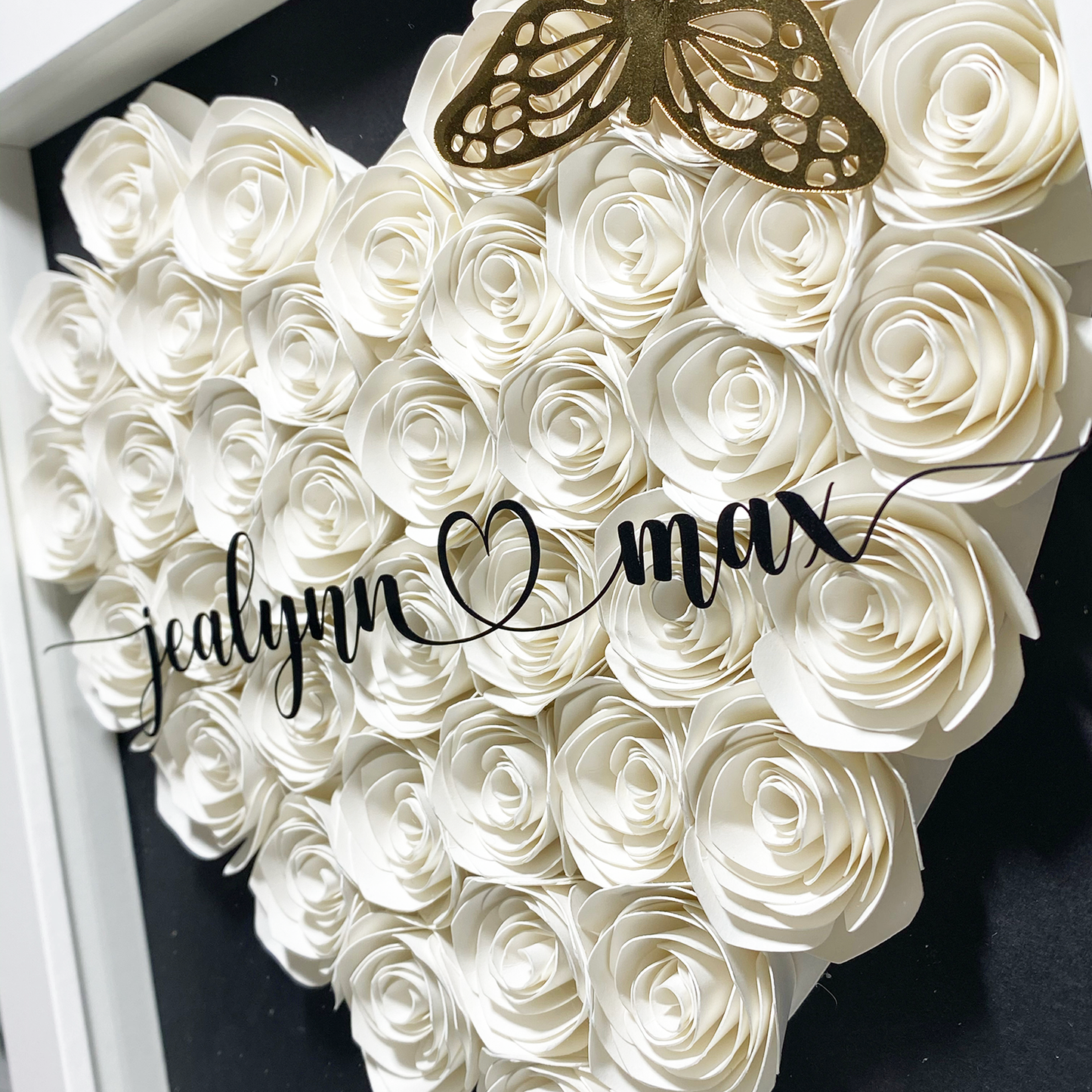 9x9 solid white personalized hand rolled paper flowers in the shape of a heart shadowbox. Perfect gift for special someones